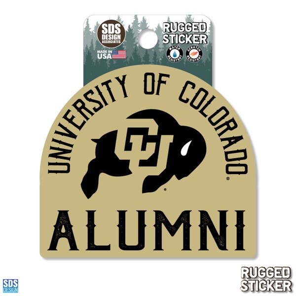 CU Buffaloes rugged sticker with the Colorado Buffaloes logo and “University of Colorado Alumni” text in black on a gold background.